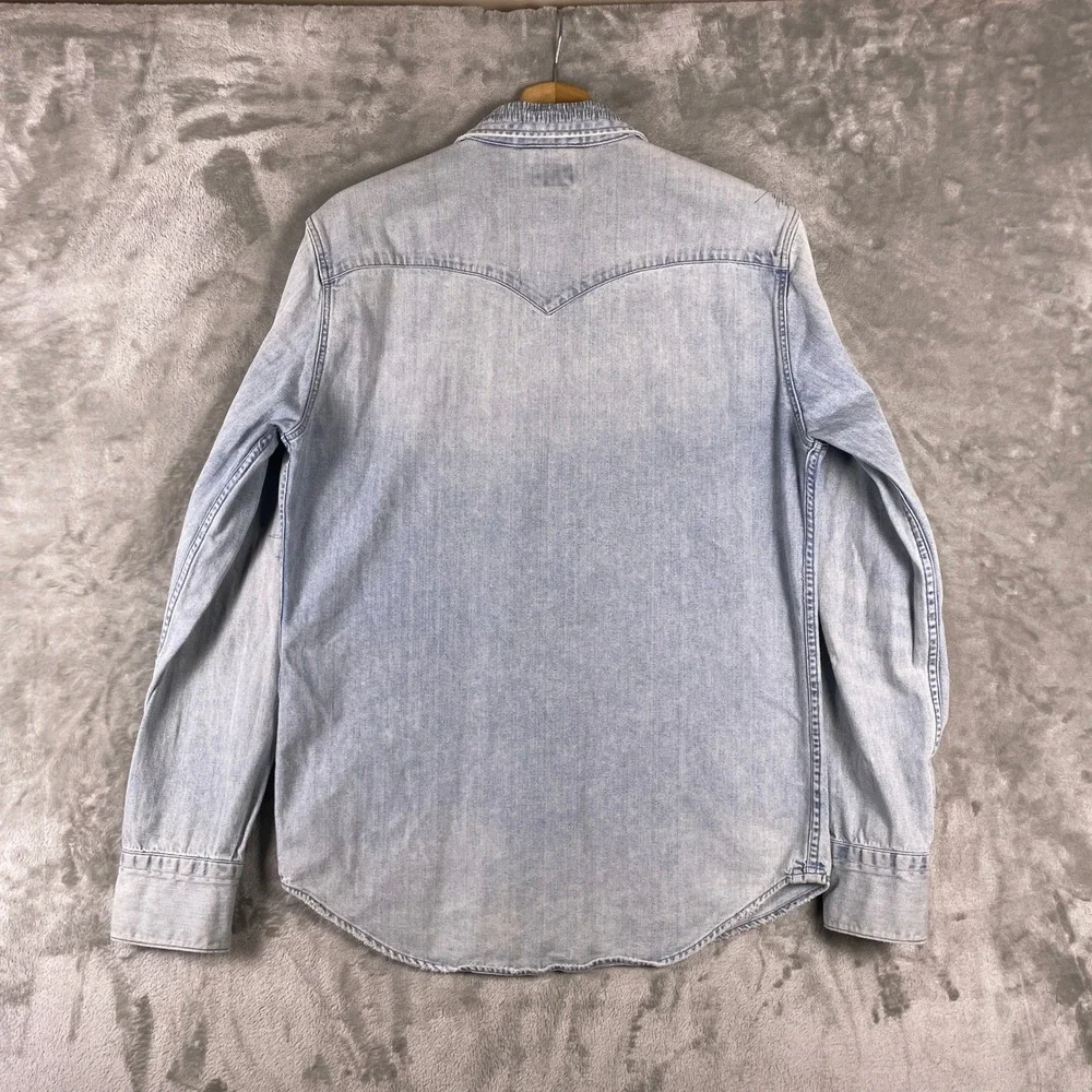 Levis Western Shirt Men M Blue Distressed Denim Long Sleeve Pearl Snap Repaired